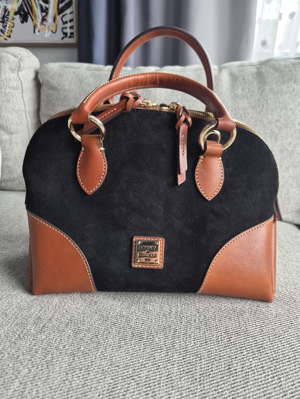 Dooney & Bourke Black Suede with Brown Leather Trim Satchel - Picture 11 of 12